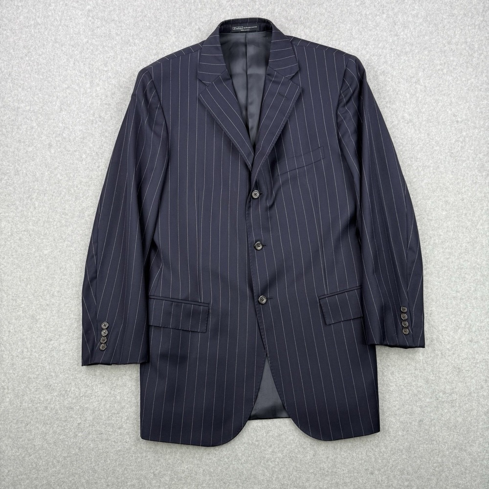 Vintage Polo Ralph Lauren Blazer Mens 42L Navy‎ Striped Wool Sports Coat Italy